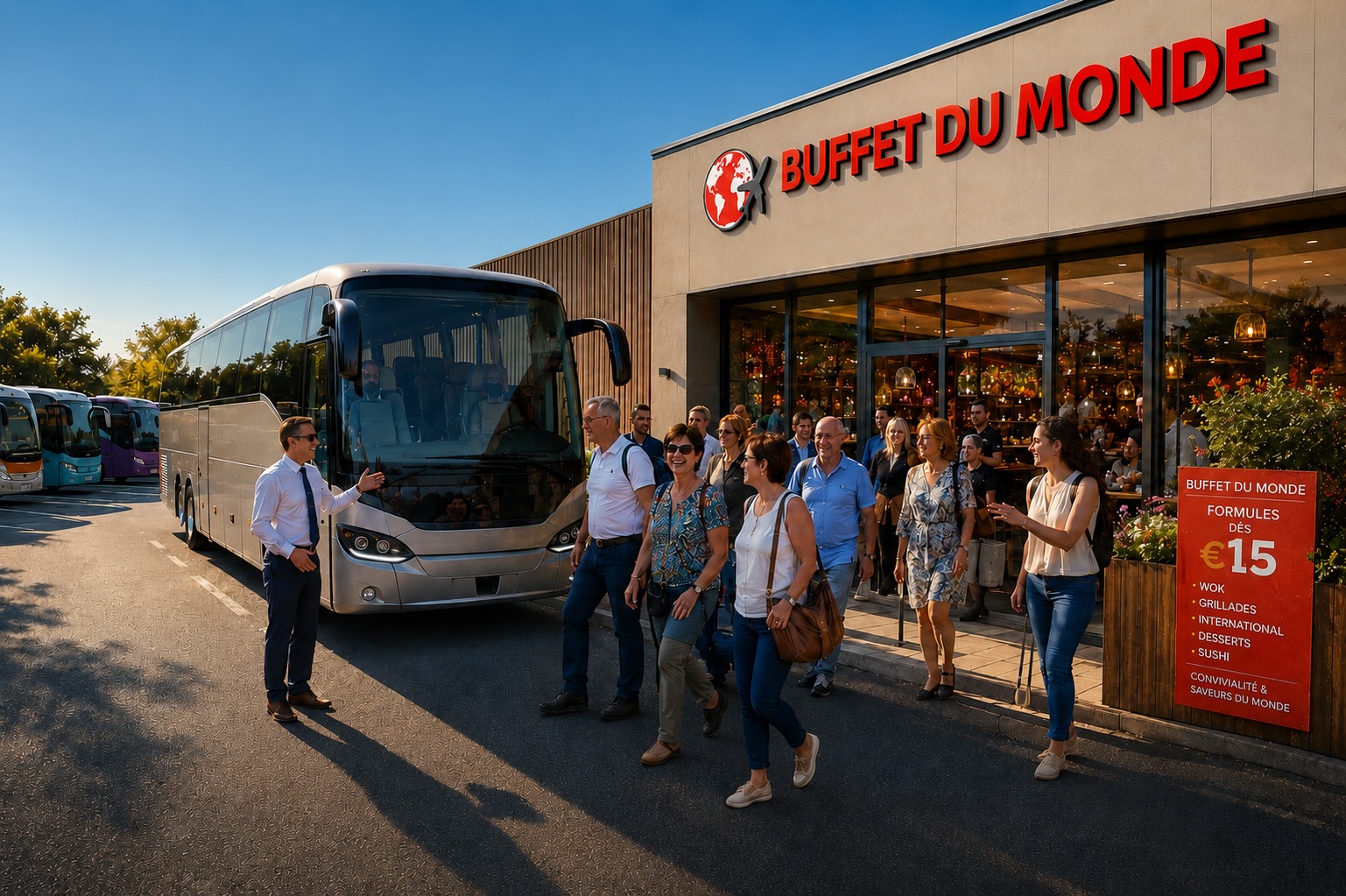 Le Buffet du Monde — escale autocaristes à Narbonne, arrivée du car et des passagers